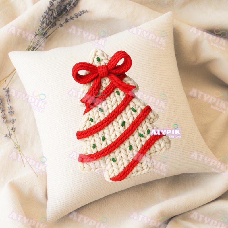 May include: A square, off-white pillow with a knitted Christmas tree design. The tree features red stripes, green dots, and a red bow at the top. The pillow is placed on a cream-colored surface.