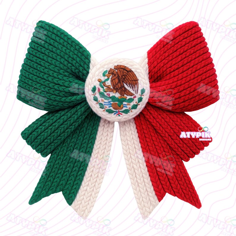 May include: A large, knitted bow in the colours of the Mexican flag: green, white, and red. The bow features a central circular emblem with the Mexican coat of arms. The bow's design is symmetrical, with the green and red sections mirroring each other.