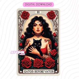 Gatos vor Vatos Tarot-Karte PNG, Chicana PNG, digitale Dateien, Dtf UVdtf Becher-Shirt PNG-Design, Sublimation, mexikanische Kunst, Clipart