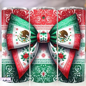 Mexican Flag Coquette Bow Tumbler Wrap PNG, Mexican Flag Art Latino 20oz Sublimation PNG, Straight Skinny Tumbler Digital Download Design