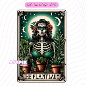 Die Plant Lady Tarot Karte PNG, Skelett Sublimationsdesign, lustige Plant Lady Gärtner Schädel Tarot T-Shirt Becher PNG Datei, digitaler Download