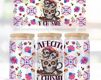 Envoltura para lata de vidrio de 16 oz de Libbey para Cafecito y Chisme, diseños de sublimación PNG, descarga digital, regalo mexicano, UVDTF, PNG latino, lata de vidrio de 16 oz
