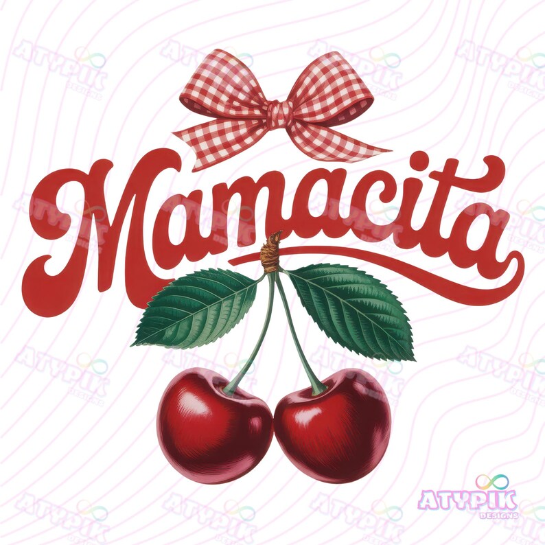 K&ouml;nnte beinhalten: Digitalgrafik mit dem Wort "Mamacita" in roter Schrift, einer rot-wei&szlig; karierten Schleife und zwei Kirschen mit gr&uuml;nen Bl&auml;ttern. Das Design hat eine Retro-&Auml;sthetik. Das Bild ist vor einem wei&szlig;en Hintergrund.