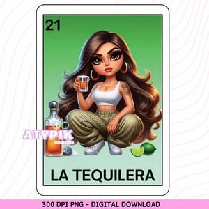 La Tequilera Loteria Karte Latein PNG, Chicana PNG, Chibi Stil, digitaler Download, mexikanische Kunst, Becher, Becher Sublimation, Clipart Design