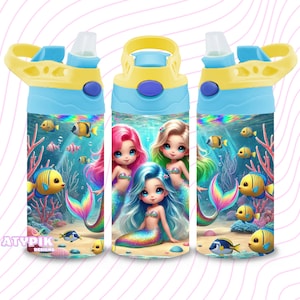 Mermaid 12oz Kids Flip Top Sippy Cup Tumbler Wrap, 12oz Straight Tumbler Sublimation PNG, Childrens  Tumbler Wrap Design PNG under the sea