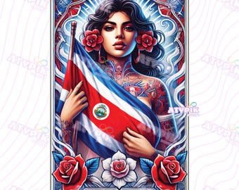 Carta del Tarot de mujer costarricense PNG, bandera de Costa Rica, sublimación DTF, arte de Costa Rica, clipart latino, taza, camiseta, imprimible, sublimación DTF