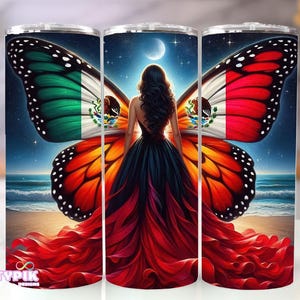 Mexican Flag Butterfly Sublimation Tumbler Printable Designs PNG - Digital Download For Sublimation - 20oz Skinny Tumbler -  Hispanic Latina