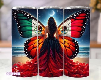 Diseños imprimibles para vasos de sublimación con la bandera de México y mariposas PNG - Descarga digital para sublimación - Vaso delgado de 20 oz - Hispano latino