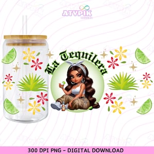 La Tequilera Chibi Style Chicana Latina  16oz Glass Can Wrap PNG Chicana Glass Can, Chingona Latina , Digital Download PNG design Chola PNG