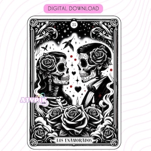 Los Enamorados PNG, Skelett Liebe PNG, Tarot Karte Digitale Dateien, Dtf UVdtf Becher T-Shirt PNG Design, Sublimation, Liebhaber Schädel Witchy