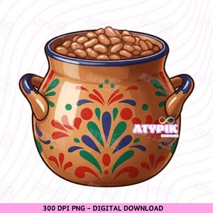 Puede incluir: Una olla de cerámica marrón con un diseño floral colorido, llena de frijoles marrones. La olla tiene una boca ancha y dos asas.