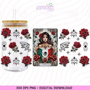 La Mexicana PNG Tarot-Karte PNG Chicana Latein 16 Unzen Libbey Glasdose Tumbler Sublimationsdesign, digitale Download-Datei, mexikanische Flagge Hispanic