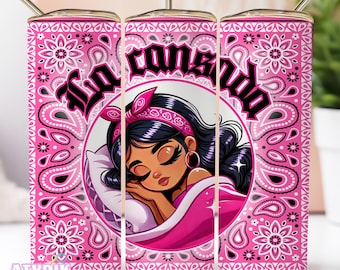 Spanish Cansada Tired Tumbler Wrap 20 oz skinny Tumbler Wrap Sublimation PNG Mexican Tumbler Wrap Bandana Pink Tumbler Design Latina Chicana