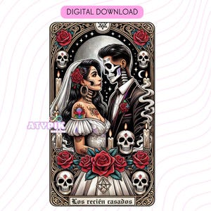 Jungvermählten Tarot Karte PNG Braut Bräutigam Hochzeit Digitale Dateien Dtf UVdtf Sublimationsbecher Becher Shirt Design Spanische mexikanische Kunst Mexicana
