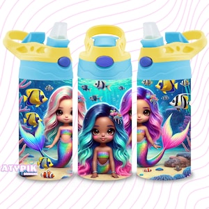 Mermaid 12oz Kids Flip Top Sippy Cup Tumbler Wrap, 12oz Straight Tumbler Sublimation PNG, Childrens  Tumbler Wrap Design PNG under the sea