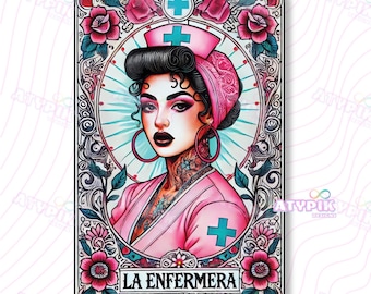 Spaanse verpleegster PNG Mexicaanse loteriakaart Tarotkaart png Digitale download sublimatie Dtf, Mexicana Latina enfermera shirtontwerpen vintage png