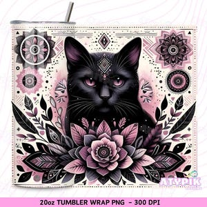 黒猫のタンブラーラップ、昇華デザインタンブラー png デジタルダウンロード。20 オンスのタンブラーラップ花柄、マンダラ ボヘミアン タンブラー