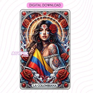 La Columana Tarot Karte PNG Digital Download Tumbler Becher Shirt PNG Design Sublimation Spanisch Kolumbien Flagge Clipart Lateinos Columbena Mädchen