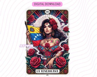 La Venezolana Latina PNG Tarot card Digital files Download, Tumbler Mug Shirt PNG design Sublimation Spanish Venezuela Flag Clipart Latinos