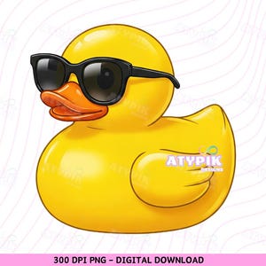 May include: A yellow rubber duck wearing black sunglasses. The duck has a wide, toothy smile and is looking to the right.
