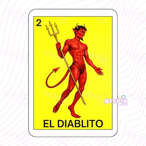 May include: A vibrant yellow card featuring a red devil holding a gold trident. The devil has horns, a tail, and is wearing red briefs. The number "2" is in the upper left corner, and the text "EL DIABLITO" is at the bottom.