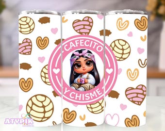 Cafecito y Chisme Tumbler Wrap, Latina Chola Design (PNG Digital Download)