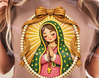 Virgen de Guadalipe Faux Yarn Cross PNG Trendy Knitted Jesus Shirt Design, Trending Christian PNG, Spring Faith Png, Knit Png, Crochet Png