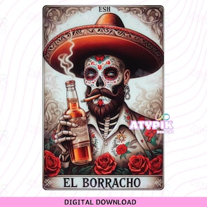 Meksykańskie PNG El Borracho Loteria karty sublimacji projekt Latino szkielet sztuki Día de Muertos clipart cyfrowe pobieranie koszula DTF karty tarota