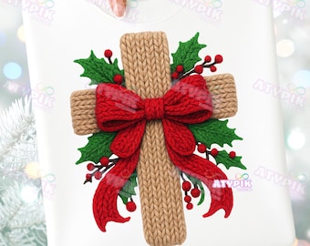 Crochet Yarn Cross Png, Preppy Christmas shirt design Faux String Yarn Santa Trendy Popular Latch Hook Png Sublimation Dtf Shirt Clipart png