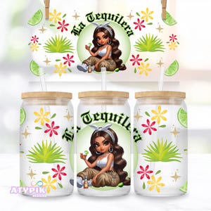 La Tequilera Chibi Style Chicana Latina  16oz Glass Can Wrap PNG Chicana Glass Can, Chingona Latina , Digital Download PNG design Chola PNG
