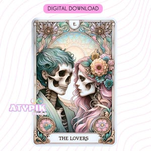 Die Liebhaber Tarot Karte PNG, Skelette Sublimationsdesign, Dtf uvdtf PNG, Witchy Vibes Gothic Tarot T-Shirt Becher Schädel PNG, digitaler Download