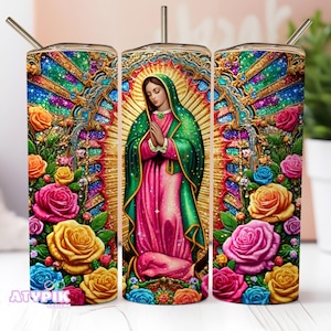 Virgen of Guadalupe 20oz beker wrap png digitaal ontwerp, Virgen de Mexico sublimatie, rozen beker, glitter beker latina, naadloos png afbeelding 1