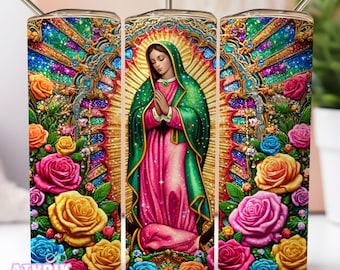 Envoltura para vaso de 20 oz de la Virgen de Guadalupe, diseño digital PNG, sublimación de la Virgen de México, vaso de rosas, vaso latino con purpurina, PNG sin costuras