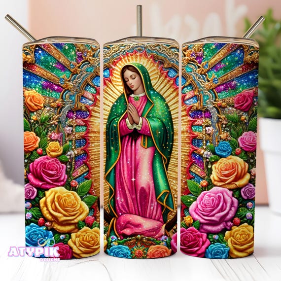 Virgen of Guadalupe 20oz Tumbler wrap PNG Digital Design, Virgen de Mexico sublimation, Roses tumbler, glitter tumbler latina PNG seamless
