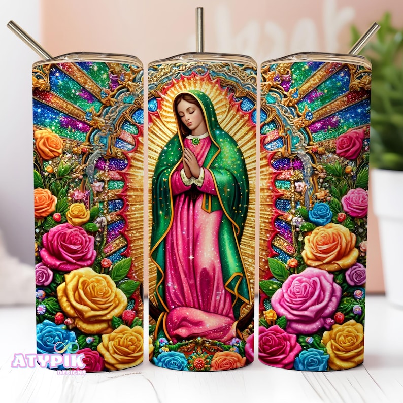 Virgen of Guadalupe 20oz beker wrap png digitaal ontwerp, Virgen de Mexico sublimatie, rozen beker, glitter beker latina, naadloos png afbeelding 1