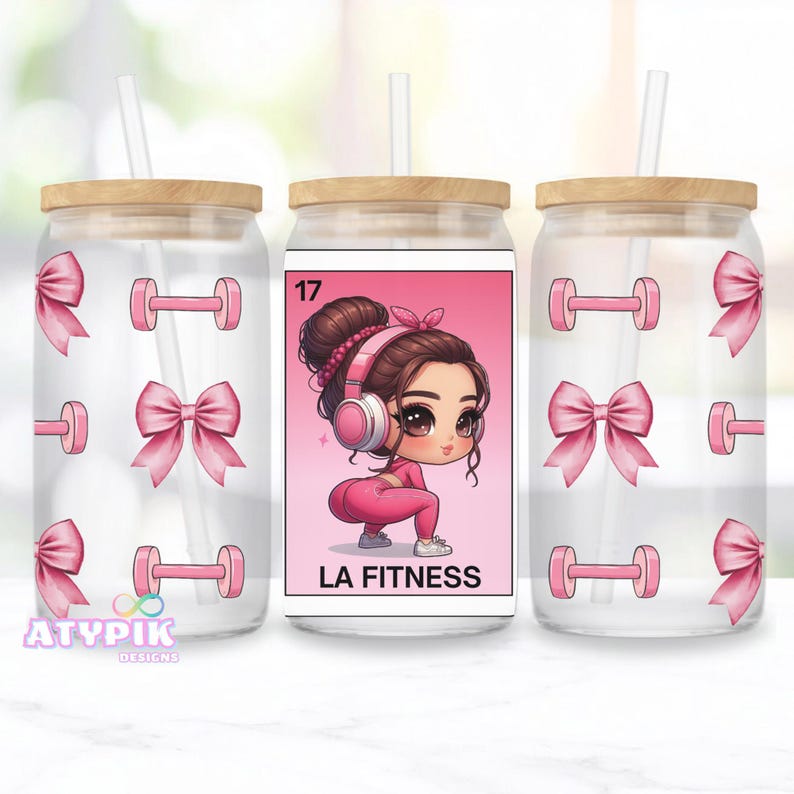 La Fitness 16oz Libbey glass can wrap PNG Funny Mexican Loteria Digital download Design Sublimation UvDtf Coquette Pink Bow Gym workout png image 2