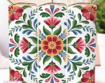 Mexican Talavera Tumbler Wrap Vibrant Floral Sublimation PNG Design Colorful Talavera Inspired Tumbler Wrap Mexican Folk Art Pattern Flowers