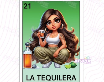 La Tequilera Loteria Mexicana Card Latina PNG, Chicana PNG Chibi Style, Digital Download Mexican art DTf Sublimation clipart design Tequila