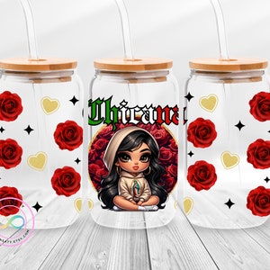 Chibi Style Chicana Latina  16oz Glass Can Wrap PNG Chicana Glass Can, Chingona Latina Glass Can, Digital Download PNG design Chola PNG