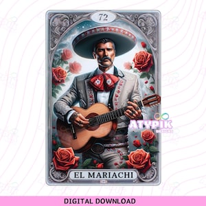 Meksykańska sztuka PNG El Mariachi Tarot Card Latino Clipart Cyfrowe pobieranie Sublimacja DTF Design Karta loterii Man Art Meksyk koszula modny png