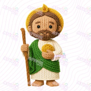 May include: A knitted figurine of Saint Jude, featuring a brown beard, a yellow halo, and a green shawl. He holds a staff and a golden orb. The figure is made of cream, brown, yellow, and green yarn.
