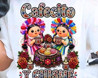 Cafecito Y Chisme PNG, Diseño de arte popular de muñeca de trapo mexicana (Descarga digital)