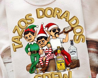Tazos Dorados Ugly Christmas Sweater PNG for Christmas, Digital Download Funny Spanish t-shirt Borrachos Elf Mexican art png DTf Sublimation