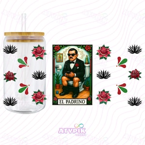 Padrino divertido PNG Papa Latino PNG, Carta de lotería Padrino Carta del Tarot Archivos digitales Diseño de lata de vidrio Libbey de 16 oz Día del padre chingón español