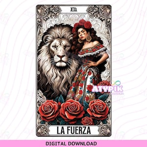 Carta del Tarot PNG, Clipart Latina, Mujer Empoderada, Arte Latino Mexicano, Diseño de León, La Fuerza, Sublimación, DTF, Descarga Digital, Regalo, Imprimible, PNG