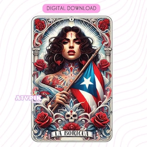 La Boricua Latina PNG Tarot card Archivos digitales Descarga, Vaso Taza Camisa PNG diseño Sublimación Español Puerto Rico Bandera Clipart Latinos