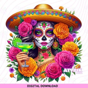 Cinco de Mayo PNG, femme tête de mort en sucre avec conception numérique sombrero, coloré Catrina Sublimation Clipart, Fiesta mexicaine téléchargement margarita