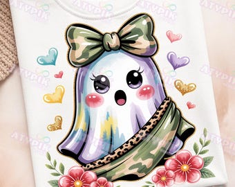 プレッピーな迷彩柄の幽霊PNG画像、レトロなハロウィンクリップアート（デジタルダウンロード）