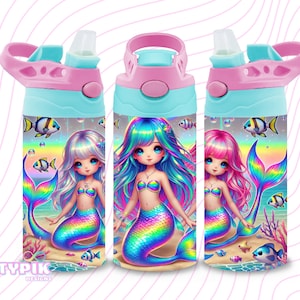 Mermaid 12oz Kids Flip Top Sippy Cup Tumbler Wrap, 12oz Straight Tumbler Sublimation PNG, Childrens  Tumbler Wrap Design PNG under the sea