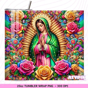 Envoltura para vaso de 20 oz de La Virgen de Guadalupe PNG Diseño digital, Sublimación Virgen de México, Vaso de rosas, Vaso con purpurina latina PNG